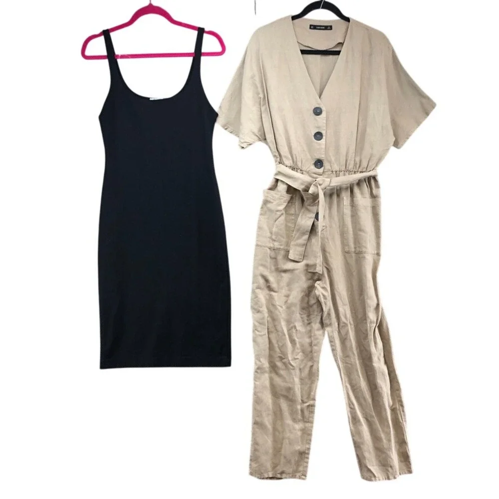 Zara Jumpsuit Dress Bundle Womens Large Beige Black Linen Blend Belted Summer